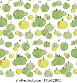 Abstract vector seamless pattern of yellow-green apples. On one Apple is sitting wasp.