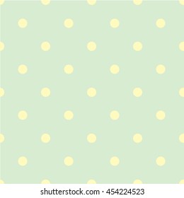 Abstract vector seamless polka dot background. Seamless pattern of circles ordered. Green background - yellow peas. Drawing for children's clothing, underwear, toys.