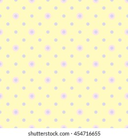 Abstract vector seamless polka dot background. Seamless pattern of circles ordered. Yellow background. Drawing for children's clothing, underwear, toys.