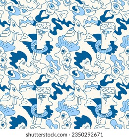 Abstract vector seamless psychedelic pattern with surreal faces