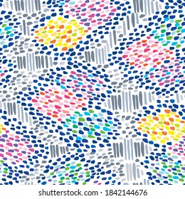 Abstract vector seamless repeat pattern  with multi color rainbow and gray ditsy reptile spots and dashes, a universal versatile texture print background