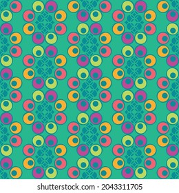 Abstract vector seamless repeatable geometric shapes pattern in trendy jade green , orange, turquoise and pink