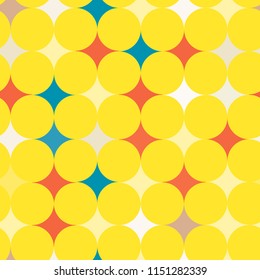 Abstract vector seamless retro tile pattern with geometric rouns colourful texture on yellow for wrapping, craft, textile