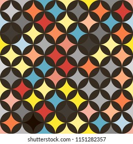 Abstract vector seamless retro tile pattern with geometric rouns colourful texture on black for wrapping, craft, textile