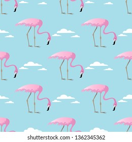 Abstract vector Seamless summer tropical pattern with flamingo and clouds