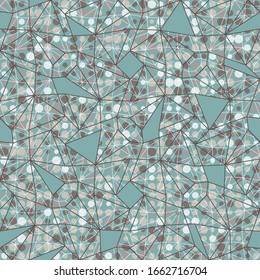 Abstract vector seamless tessellation pattern with tangled lines and geometric shapes on the dot background. Great for fashion and interior design textiles. 