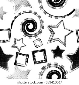 Abstract Vector Seamless Texture . Pattern with Stars, Squares and Swirls. Grunge Background.