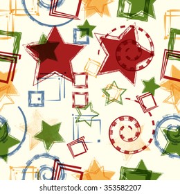 Abstract Vector Seamless Texture . Pattern with Stars, Squares and Swirls. Grunge Background.