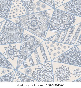 Abstract vector seamless triangular patchwork pattern from grey blue and beige geometric Art deco ornaments, stylized stars and oriental radial rosette. Carpet, textile print, wallpaper, wrapping