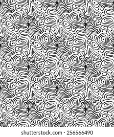 Abstract vector seamless wave background of black doodle drawn lines