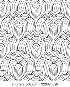 Abstract vector seamless wave background of black doodle drawn lines