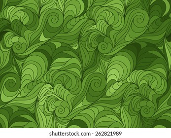 Abstract vector seamless wave green background of plants drawn lines