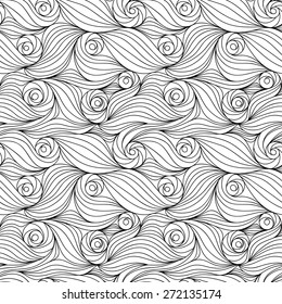 Abstract vector seamless wave white background of black doodle drawn lines