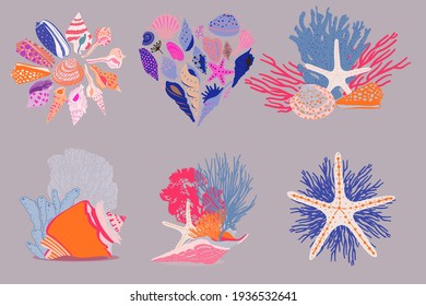 abstract vector seashell illustration composition and elements in bright and playful colors for art prints, cards, stationery, prints, and much more.