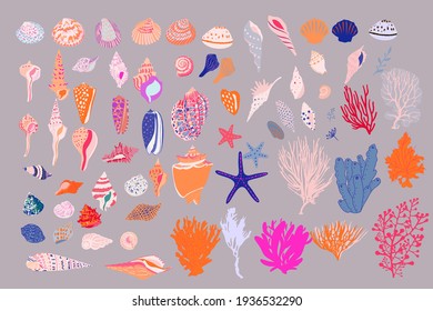 abstract vector seashell illustration elements in bright and playful colors for art prints, cards, stationery, prints, and much more.