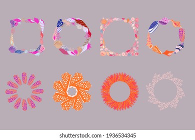 abstract vector seashell illustration 
frames and elements in bright and playful colors for art prints, cards, wedding invitations, stationery, prints, and much more.