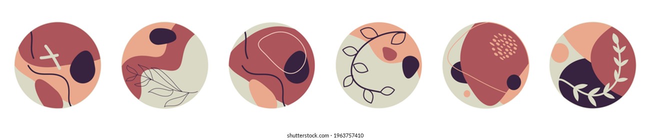 Abstract vector set of 6 round icons emblem in minimal style design templates for social media highlight stories and bloggers - simple trendy colors scribble shapes design. 