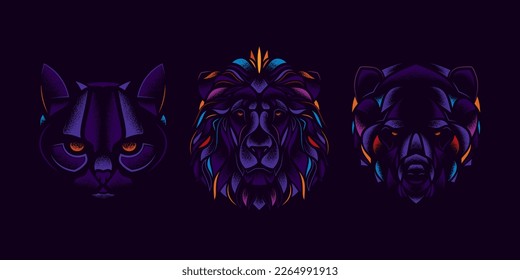 Abstract vector set of animals. Lion, cat, bear. T-shirt design. Design elements.