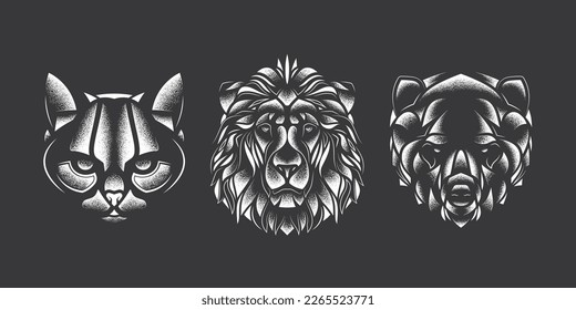 Abstract vector set of animals. Lion, cat, bear. T-shirt design. Design elements.