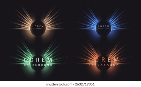 Abstract vector set of bright light circles with rays and bright glow on dark background. Light effect for banners, interfaces or sci-fi visuals.