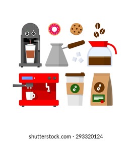 Abstract vector set of coffee and bakery colored flat design icons