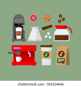 Abstract vector set of coffee and bakery colored flat design icons