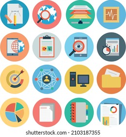 Abstract vector set of colorful flat SEO and development icons. Creative concepts and design elements for mobile and web applications.