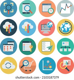 Abstract vector set of colorful flat SEO and development icons. Creative concepts and design elements for mobile and web applications.