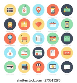 Abstract vector set of colorful flat shopping and commerce icons. Creative concepts and design elements for mobile and web applications.