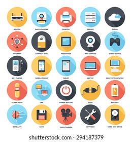 Abstract vector set of colorful flat technology and hardware icons with long shadow. Creative concepts and design elements for mobile and web applications.