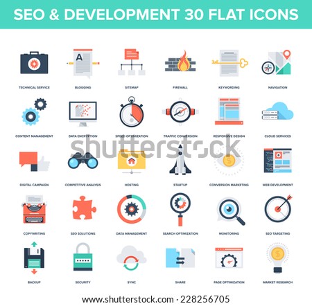 Abstract vector set of colorful flat SEO and development icons. Creative concepts and design elements for mobile and web applications.