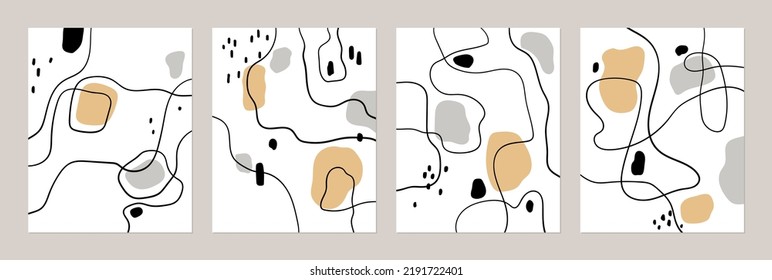 Conjunto de vector abstracto. Composiciones contemporáneas con líneas y puntos. Afiche minimalista. La decoración de las paredes.