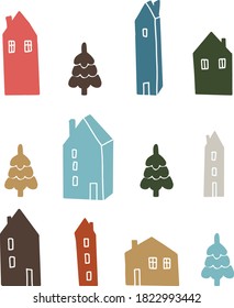 Abstract vector set of cute winter Scandinavian houses