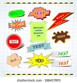 Abstract vector set of design elements. Collection of various multicolored banners, speech bubbles, symbols on lined paper background