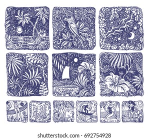 Abstract vector set of doodle square sketches. Blue and white hand drawn Hawaii island, palm, ocean waves, fantasy leaves, hibiscus flower, lady in swimsuit. Tee-shirt vintage print.Coloring book page
