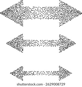 Abstract vector set of dotted double-sided arrows pointing left and right. Stylized black dot pattern forming arrow shapes. Horizontal direction, geometric design, clean and minimal style.