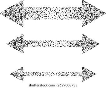 Abstract vector set of dotted double-sided arrows pointing left and right. Stylized black dot pattern forming arrow shapes. Horizontal direction, geometric design, clean and minimal style.
