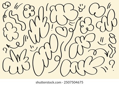 Abstract vector set featuring floral shapes, intricate doodles and wavy lines. Perfect for retro designs and creative projects.
