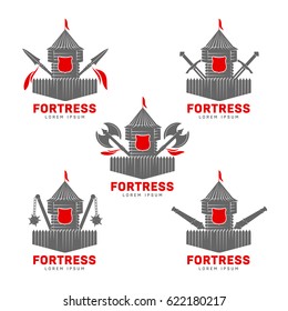 Abstract vector set fortress label and logo template. Castle symbol. Wood tower silhouette with flags. Template for business card, poster, banner, design elements. Isolated on white background.