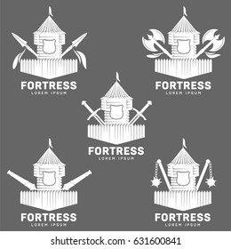 Abstract vector set fortress label and logo template. Castle symbol. Wood tower silhouette with flags. Template for business card, poster, banner, design elements. Isolated on color background.