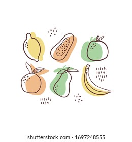 Abstract vector set of fruits Papaya, lemon, banana, orange, apple, pear.