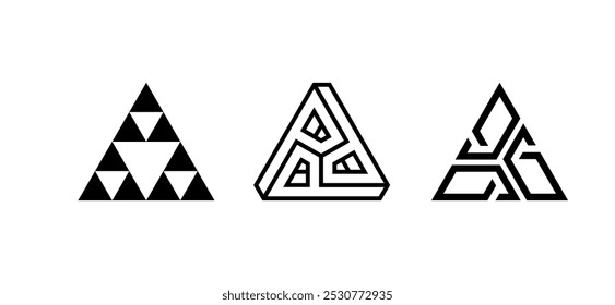 Abstract vector set with geometric shapes and triangle icons, ideal for modern design projects, illustrations, and creative elements for branding and digital artwork.