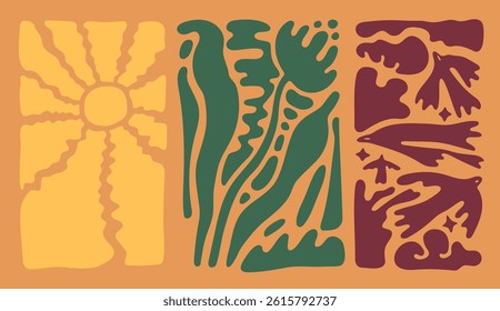 Abstract vector set in groovy style with warm colors, birds, sun, flower and nature elements. Great for seasonal prints, kids design, textiles and wall art.