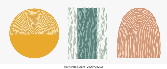 Vetor abstrato definido com texturas de linha desenhadas à mão e blocos de cores sólidas. Elementos de design modernos e minimalistas para cartazes, cartões, arte de parede, têxteis domésticos, marca e web. Design simples e limpo.