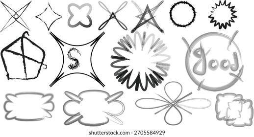 Abstract vector set of hand-drawn stars, geometric shapes, brush stroke elements, and scribbled frames.