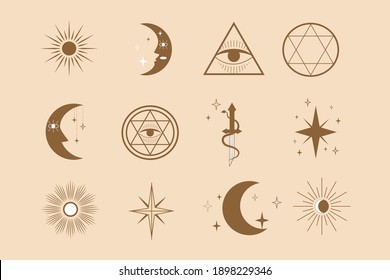 Abstract vector set of linear icons and symbols in modern minimalist style. Stars, Moon, Sun, Dagger Design Elements for Decoration or Logo Templates