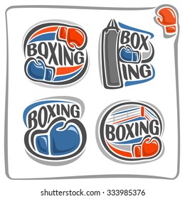 Abstract vector set logo labels for Boxing club, isolated illustrations: red and blue boxing gloves flying trajectory in goal, kick punching boxing bag, corner sports ring inscription closeup on white