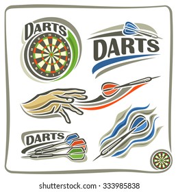 Abstract vector set logo labels for Darts club, isolated illustrations: bullseye dartboards, dart flying on trajectory in goal, hand throwing dart in darts board,  inscription closeup on white