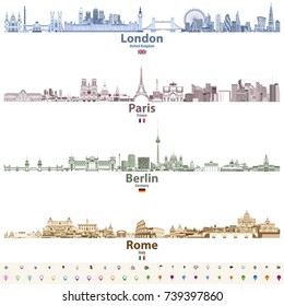 abstract vector set of London, Paris, Berlin and Rome city skylines in bright color palettes