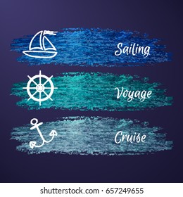 Abstract vector set of marine water ripple banners with nautical elements. Marine landscape style background. For use in design Wallpaper, layouts, cards and decoration graphic projects, and covers.